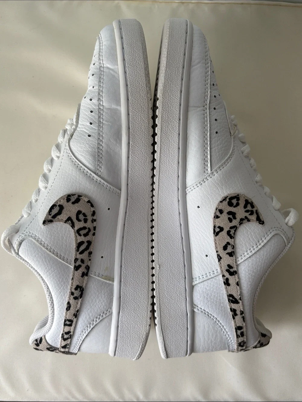 Nike Women's Court Vision Low White Sneakers with Leopard Swoosh